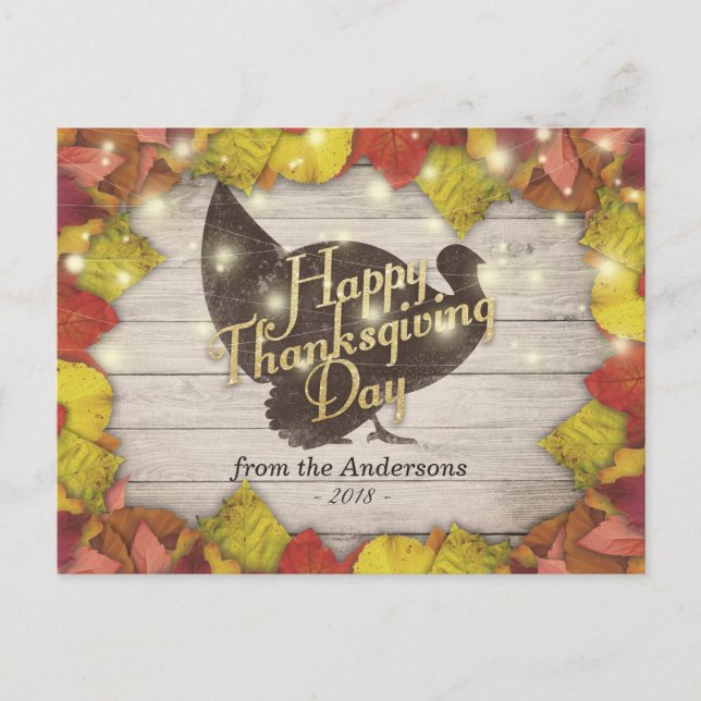 Thanksgiving Maple Leaves Turkey Wood String Light Holiday Postcard (Front)