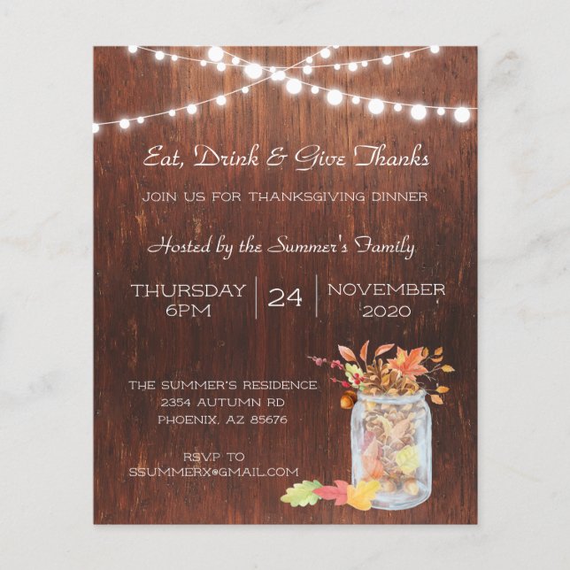Thanksgiving Mason Jar Lights Wood Rustic Invitati Flyer (Front)