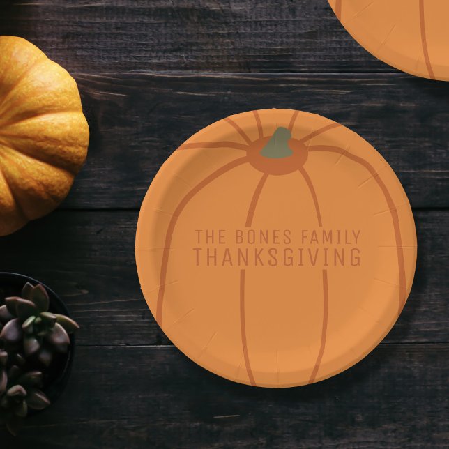 Thanksgiving Modern Orange Pumpkin Paper Plates (Add your family name to this thanksgiving pumpkin paper plate)