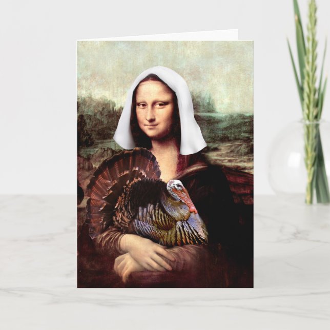 Thanksgiving Mona Lisa Pilgrim with Turkey Holiday Card (Front)