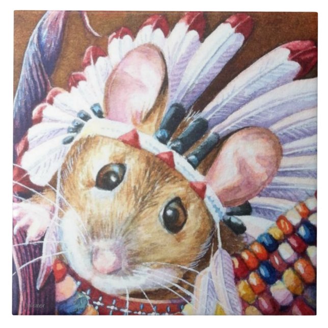 Thanksgiving Native American Mouse Watercolor Art  Tile (Front)