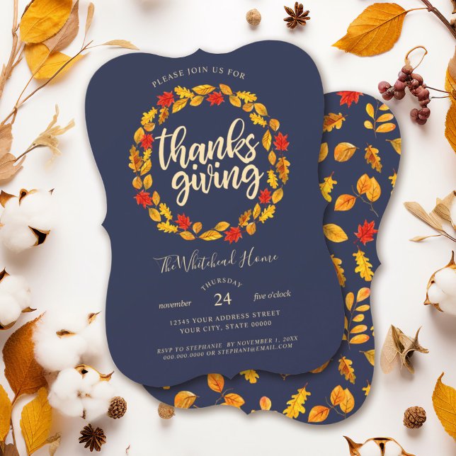 Thanksgiving Navy Autumn Leaves Wreath Invitation (Red and golden yellow leaf wreath Thanksgiving invitation with a leaf pattern watercolor background.)