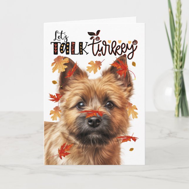 Thanksgiving Norwich Terrier Dog Let's Talk Turkey Holiday Card (Front)