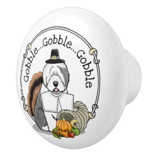 Thanksgiving Old English Sheepdog (Grey 1) Fun Ceramic Knob