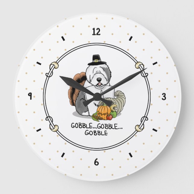 Thanksgiving Old English Sheepdog (Grey 1) Fun Large Clock (Front)
