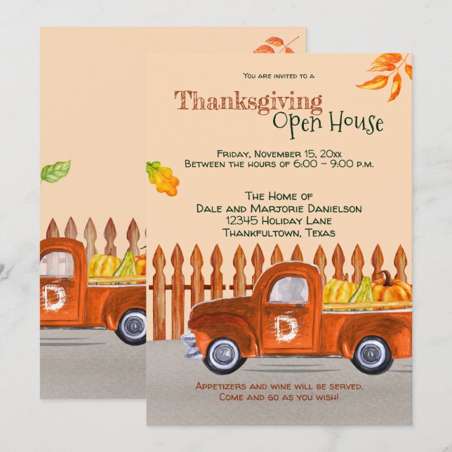 Thanksgiving Open House Orange Truck Fun  Invitation (Front/Back)