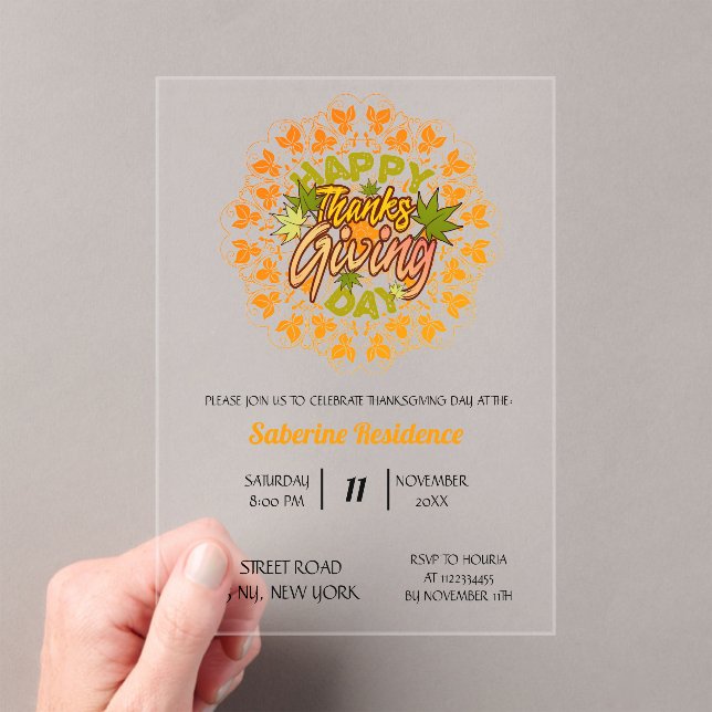 Thanksgiving Orange Bohemian Mandala Autumn Leaves Acrylic Invitations (Insitu (Handheld))