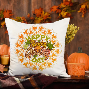 Thanksgiving Orange Bohemian Mandala Autumn Leaves Cushion