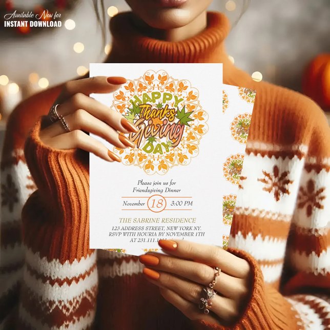 Thanksgiving Orange Bohemian Mandala Autumn Leaves Invitation (Creator Uploaded)