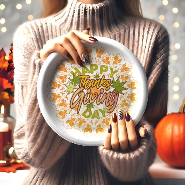 Thanksgiving Orange Bohemian Mandala Autumn Leaves Paper Plate (Creator Uploaded)