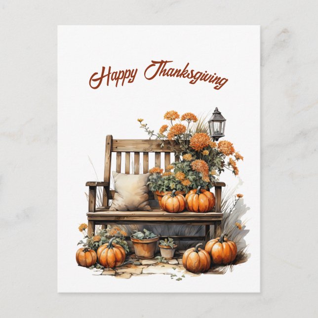 Thanksgiving Orange Floral Bench Illustration Holiday Postcard (Front)