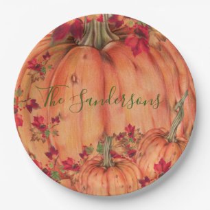 Thanksgiving Orange Pumpkins Fall Leaves Paper Plate