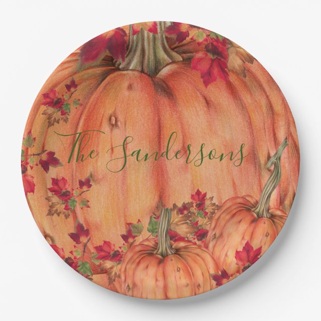 Thanksgiving Orange Pumpkins Fall Leaves     Paper Plate (Front)