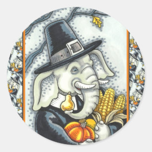THANKSGIVING PACHYDERM, THANKFUL PILGRIM ELEPHANT CLASSIC ROUND STICKER