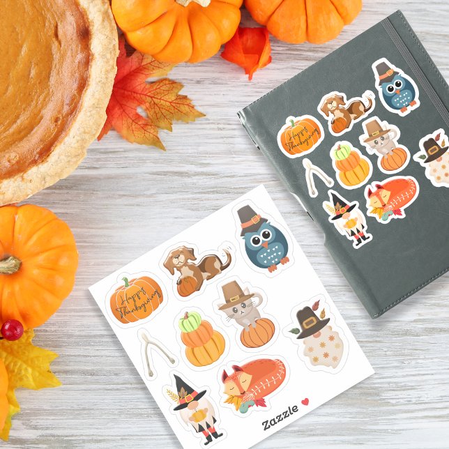 Thanksgiving pack 2 with 9 designs- stickers (Cute Thanksgiving Fall Animals, Pumpkins & Holiday Sticker)