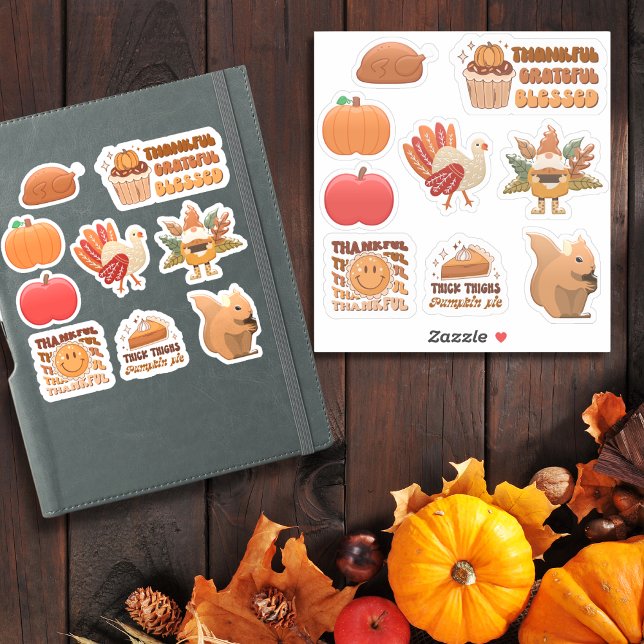 Thanksgiving pack 3 with 9 designs- stickers (Thanksgiving – Turkey, Pumpkins, Pie & Fall Quotes Sticker)