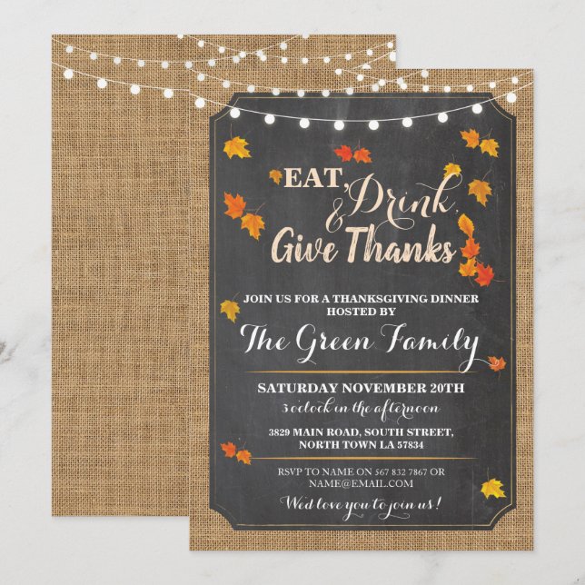 Thanksgiving Party Fall Rustic Lights Invite (Front/Back)