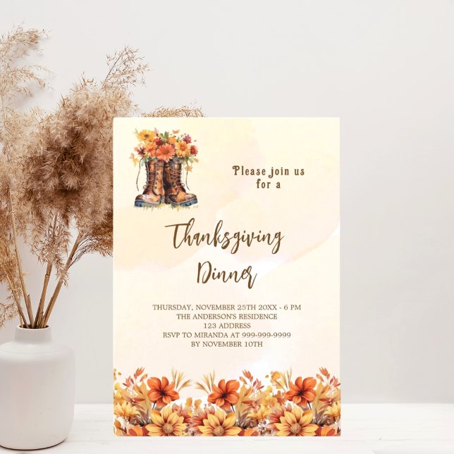 Thanksgiving party orange fall floral boots luxury invitation (Creator Uploaded)