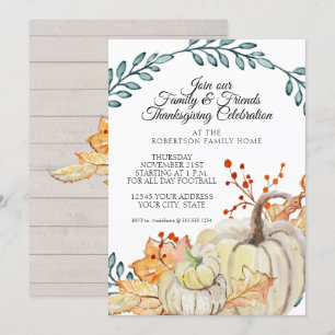 Thanksgiving Party Rustic Fall Leaf n Wood Pumpkin Invitation