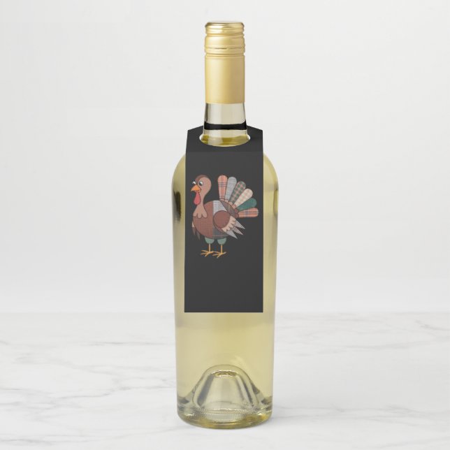 Thanksgiving Patchwork Quilted Turkey Fall Bottle Tag (On Bottle)