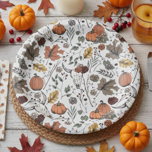 Thanksgiving Pattern Cow Skull Fall Harvest Paper Plate