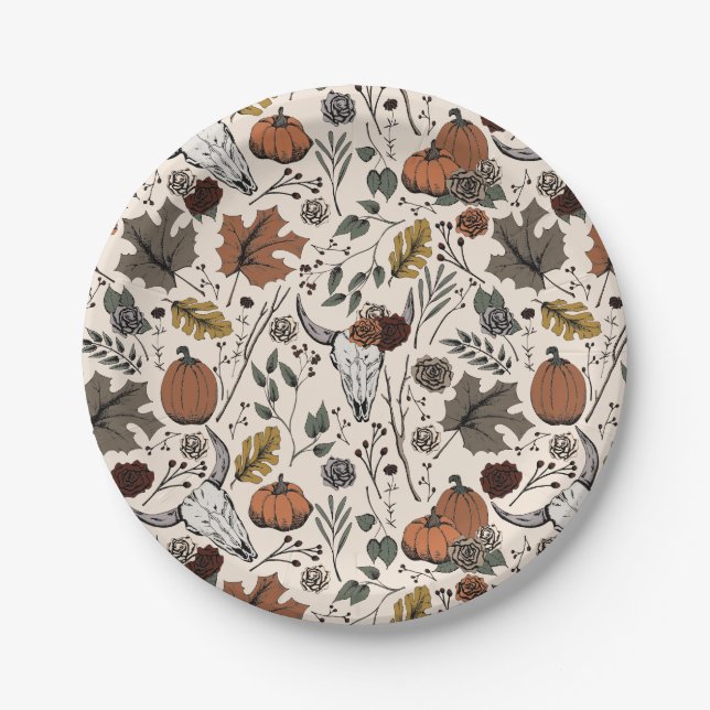 Thanksgiving Pattern Cow Skull Fall Harvest Paper Plate (Front)