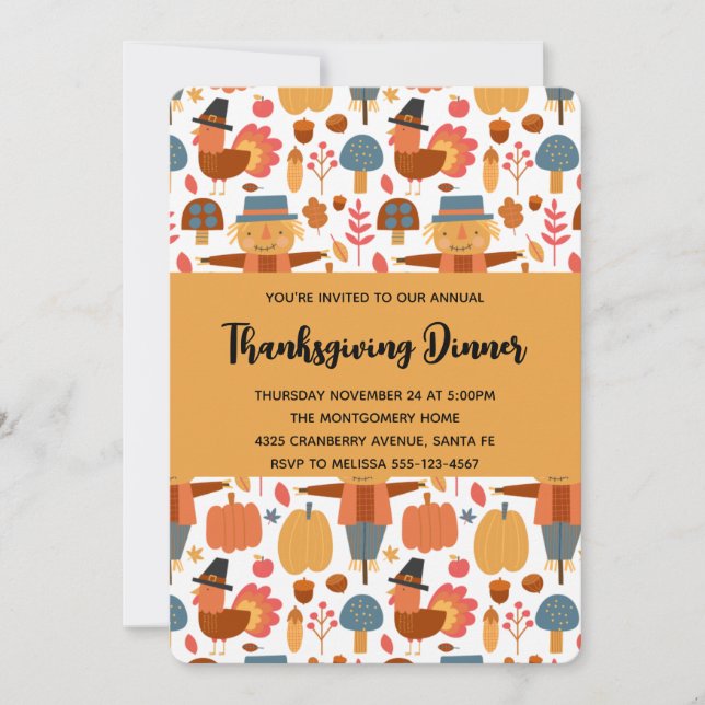 Thanksgiving Pattern with Turkeys & Pumpkins Invitation (Front)