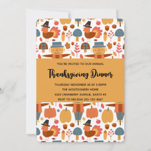 Thanksgiving Pattern with Turkeys & Pumpkins Invitation