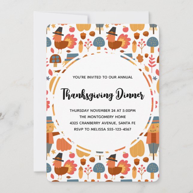 Thanksgiving Pattern with Turkeys & Scarecrows Invitation (Front)