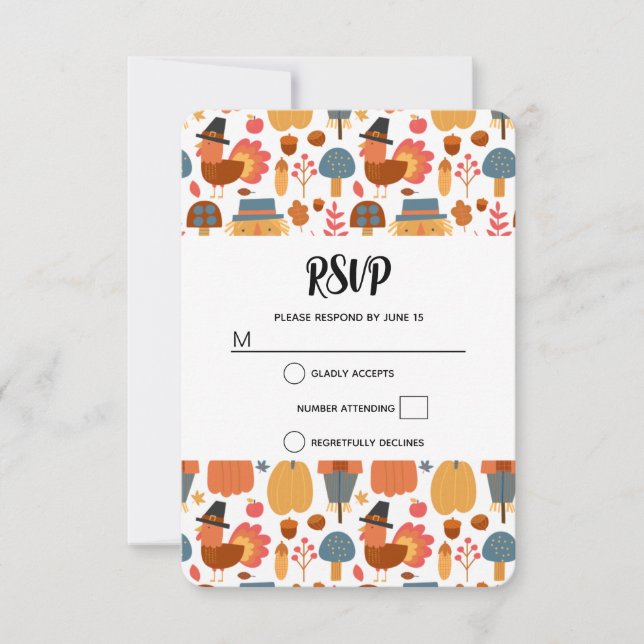 Thanksgiving Pattern with Turkeys & Scarecrows RSVP Card (Front)