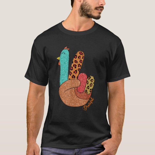 Thanksgiving Peace Sign Peace Love Turkey Hand Gra T-Shirt (Front)