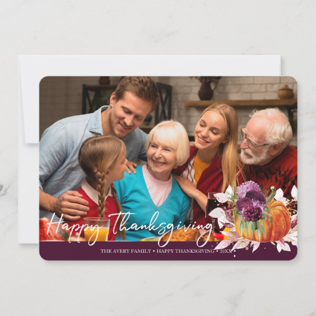 Thanksgiving Photo Elegant Pumpkin Burgundy Holiday Card (Front)