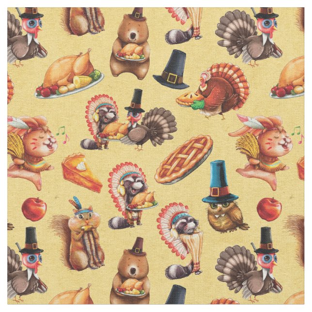 Thanksgiving Pie Turkey Animals Pumpkin Pattern Fabric (Close Up)