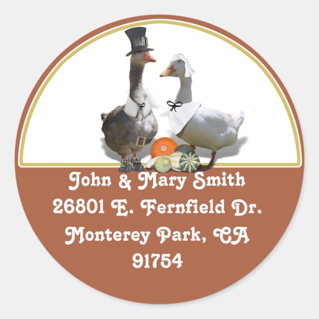 Thanksgiving Pilgrim Duck Couple Classic Round Sticker (Front)