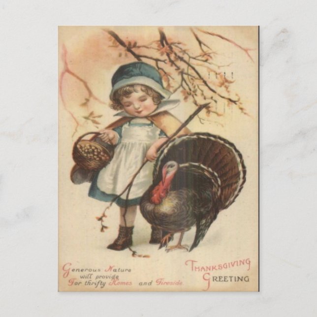 Thanksgiving - Pilgrim Girl & Turkey 1910 Postcard (Front)