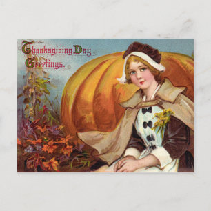 Thanksgiving Pilgrim Girl With Pumpkin Holiday Postcard