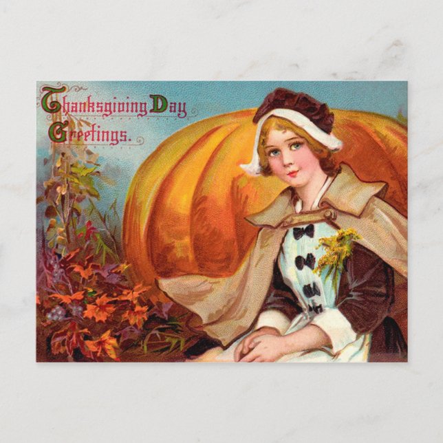 Thanksgiving Pilgrim Girl With Pumpkin Holiday Postcard (Front)
