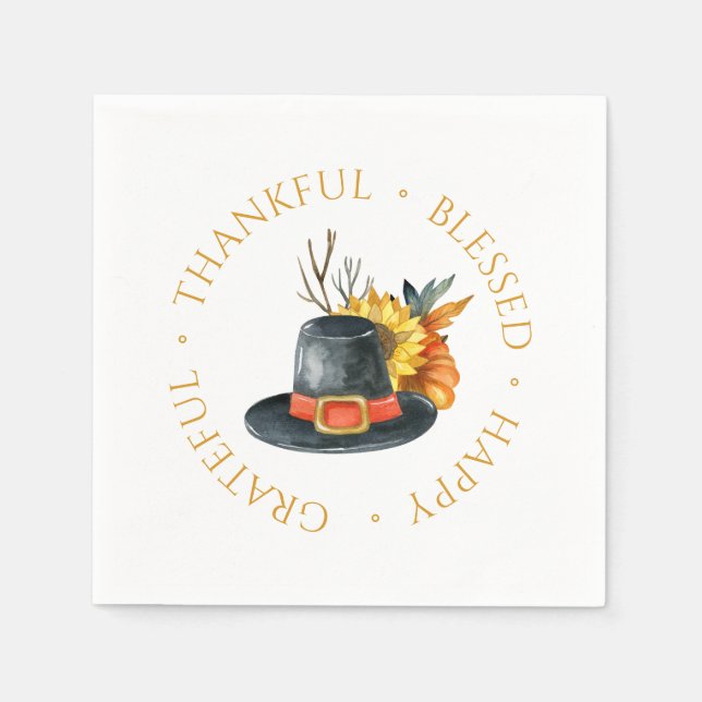 Thanksgiving Pilgrim Hat Pumpkin Sunflower Napkin (Front)