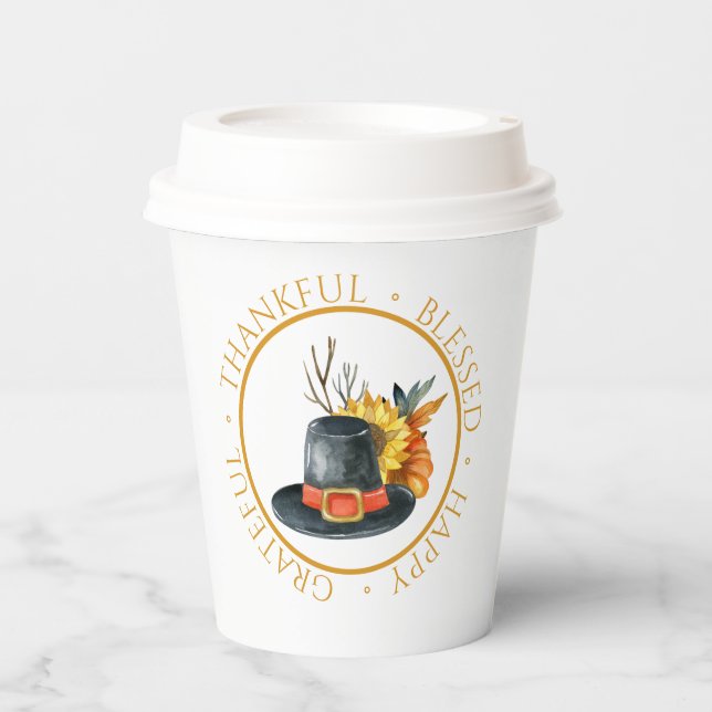 Thanksgiving Pilgrim Hat Pumpkin Sunflower Paper Cups (Front)