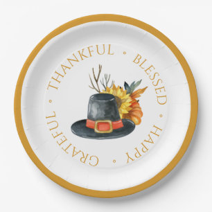 Thanksgiving Pilgrim Hat Pumpkin Sunflower Paper Plate