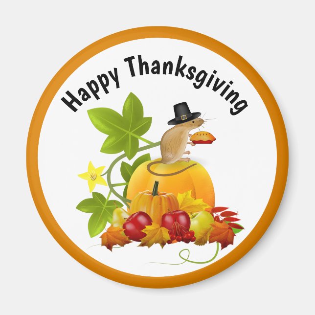Thanksgiving Pilgrim Mouse and Pumpkin Fridge  Magnet (Front)