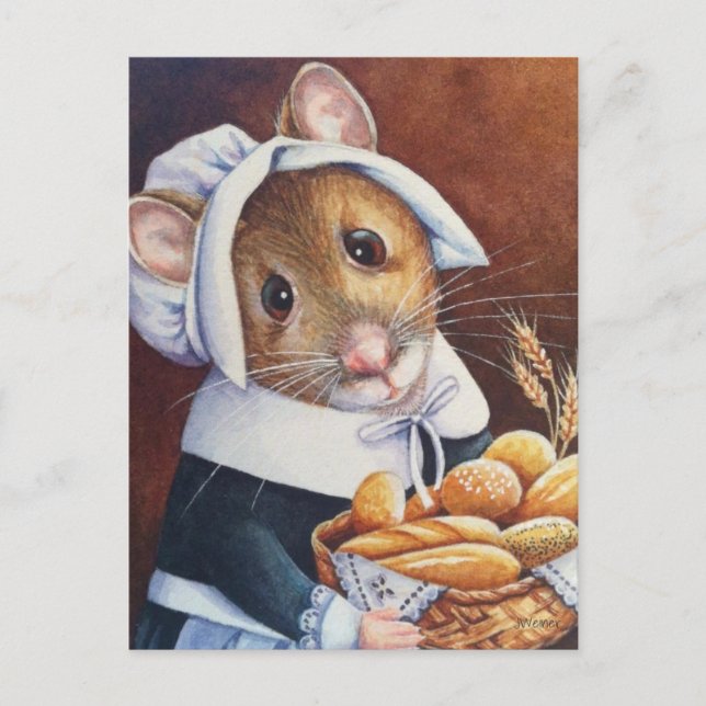 Thanksgiving Pilgrim Mouse Bread Basket Art Postcard (Front)