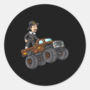Thanksgiving Pilgrim Riding Monster Truck Toddlers Classic Round Sticker