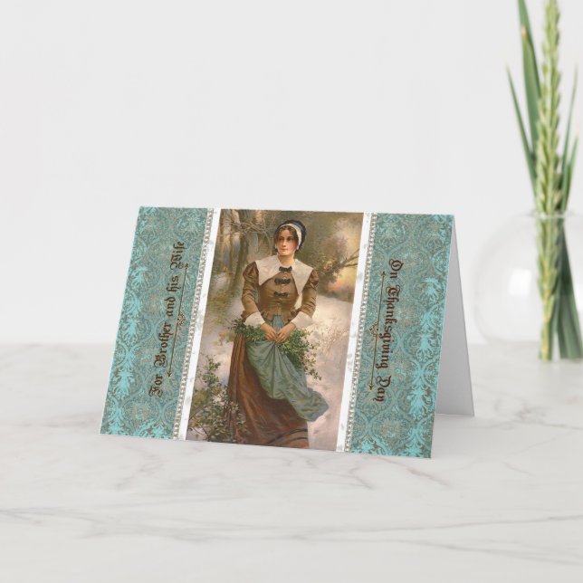Thanksgiving Pilgrim Woman for Brother and Wife Holiday Card (Front)