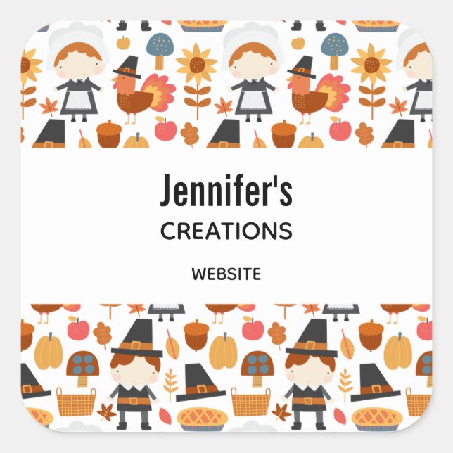 Thanksgiving Pilgrims Harvest Pattern Business Square Sticker (Front)