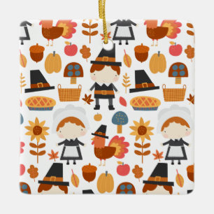 Thanksgiving Pilgrims Harvest Pattern Ceramic Ornament