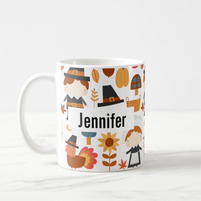 Thanksgiving Pilgrims Harvest Pattern Coffee Mug (Left)