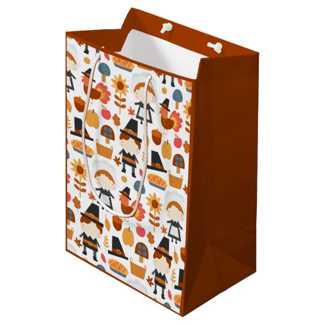 Thanksgiving Pilgrims Harvest Pattern Medium Gift Bag (Front Angled)