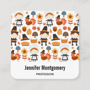 Thanksgiving Pilgrims Harvest Pattern Square Business Card