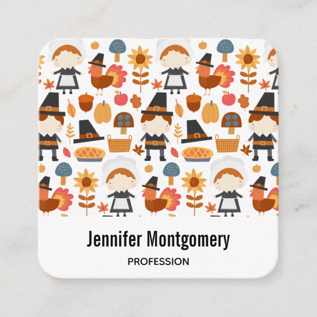 Thanksgiving Pilgrims Harvest Pattern Square Business Card (Front)